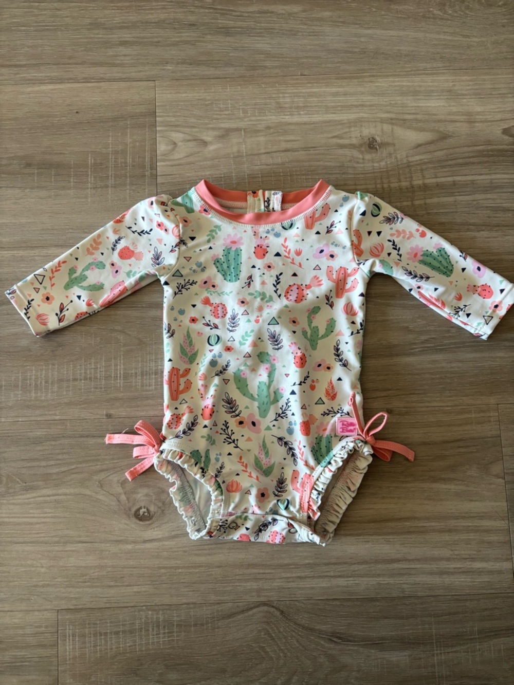 Ruffle Butts 3/6m Baby Girl Long Sleeve One-Piece Swimsuit in Coral &Mint Cactus